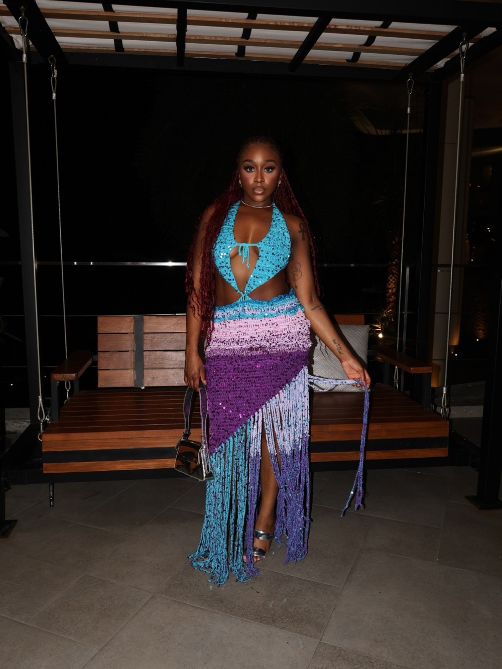 Handcrafted Ombre Fringe Maxi Skirt in Purple & Blue
